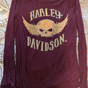 Harley-Davidson Burgundy Long Sleeve Tee with Gold Winged Skull